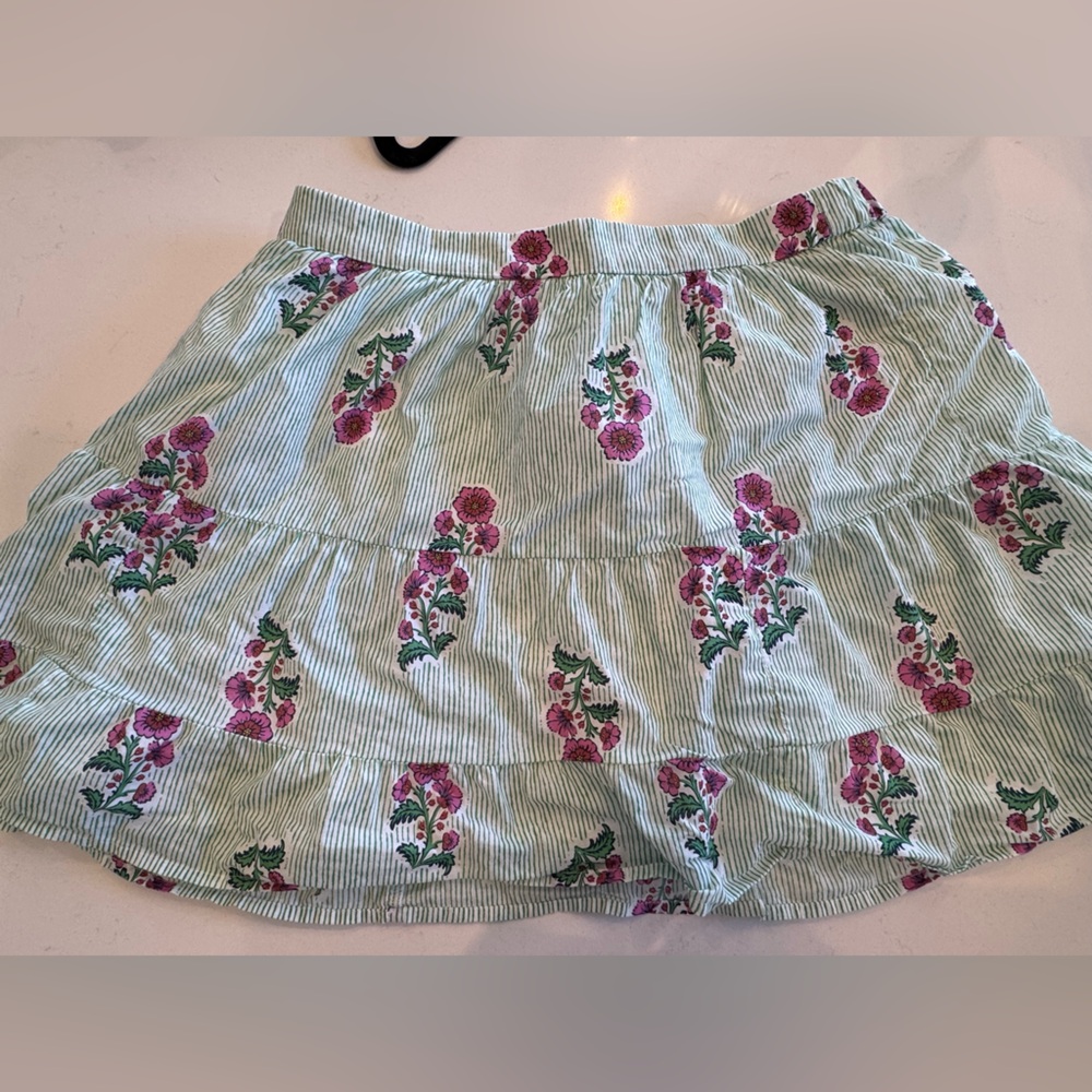 J. Crew Green Striped Skirt with Pink Floral Print